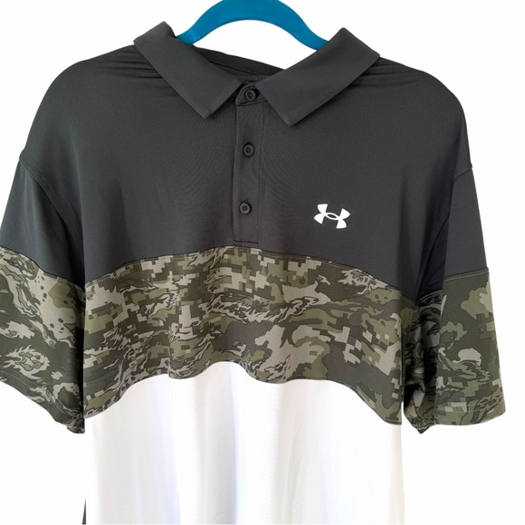 Under Armour Polo XXL Black Camo Colorblock Loose Fit Performance Shirt - Picture 2 of 7